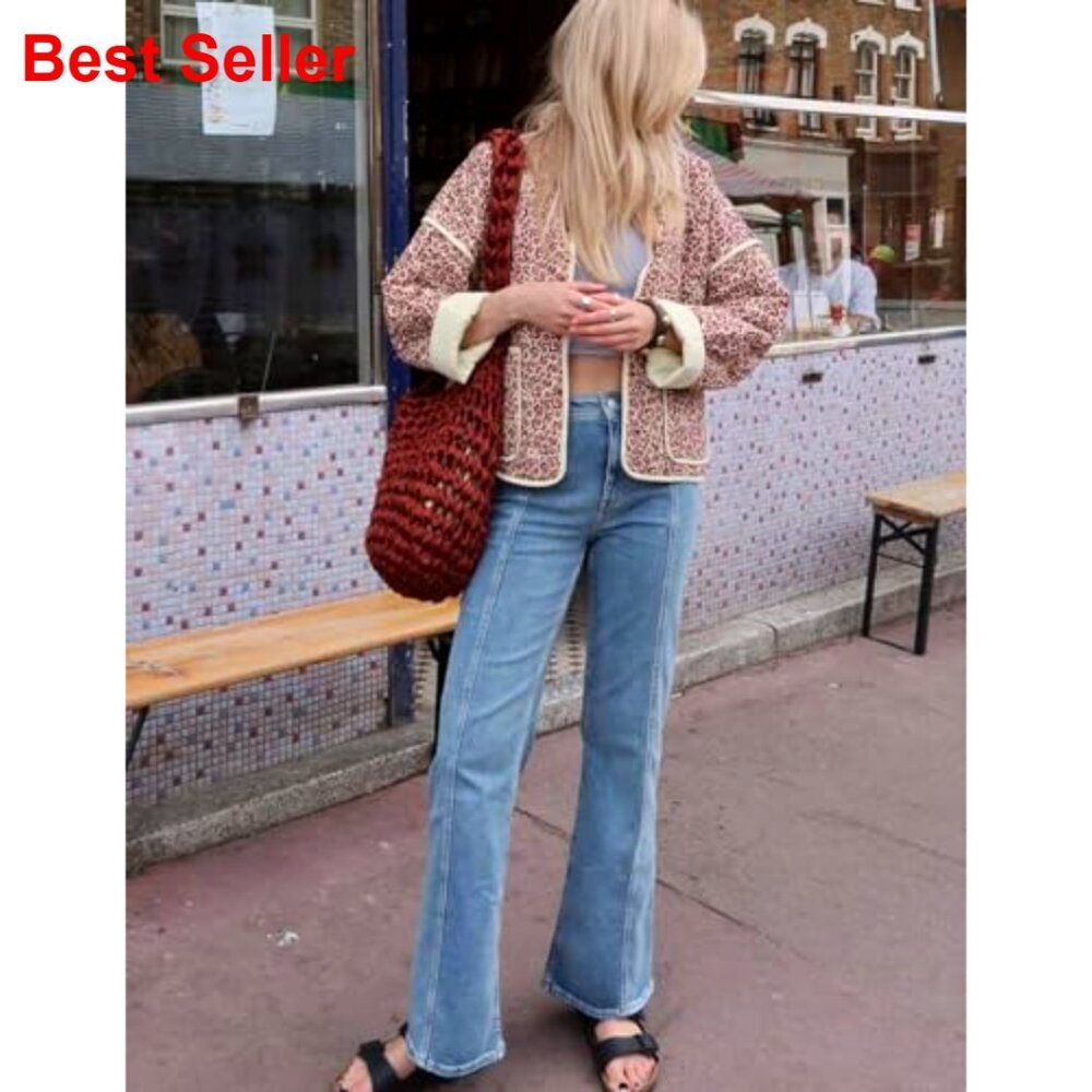 Women's Cropped Puffer Quilted Jacket Open Front Lightweight Vintage Floral - Picture 3 of 7